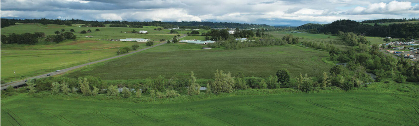 Aerial of farm fields and tree lines across the Herren Crossing site